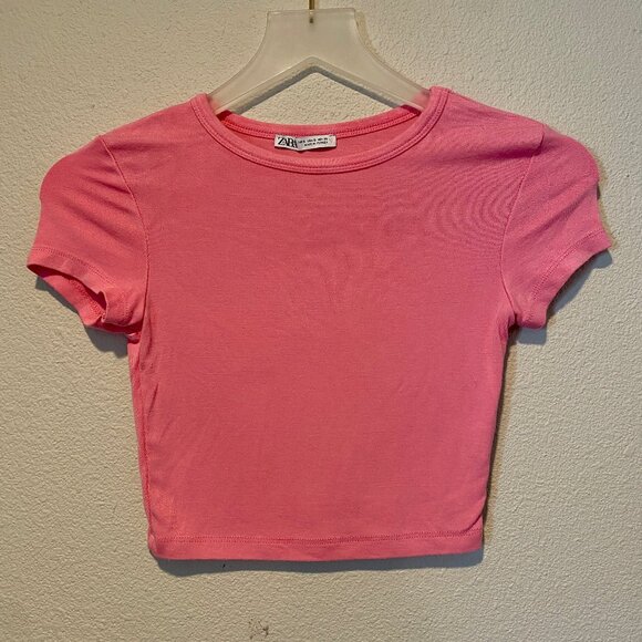 Zara Pink Ribbed Baby Tee T-Shirt Women’s Size Small Short Sleeve‎ - Picture 1 of 3